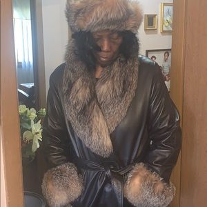 Authentic fox fur leather coat
